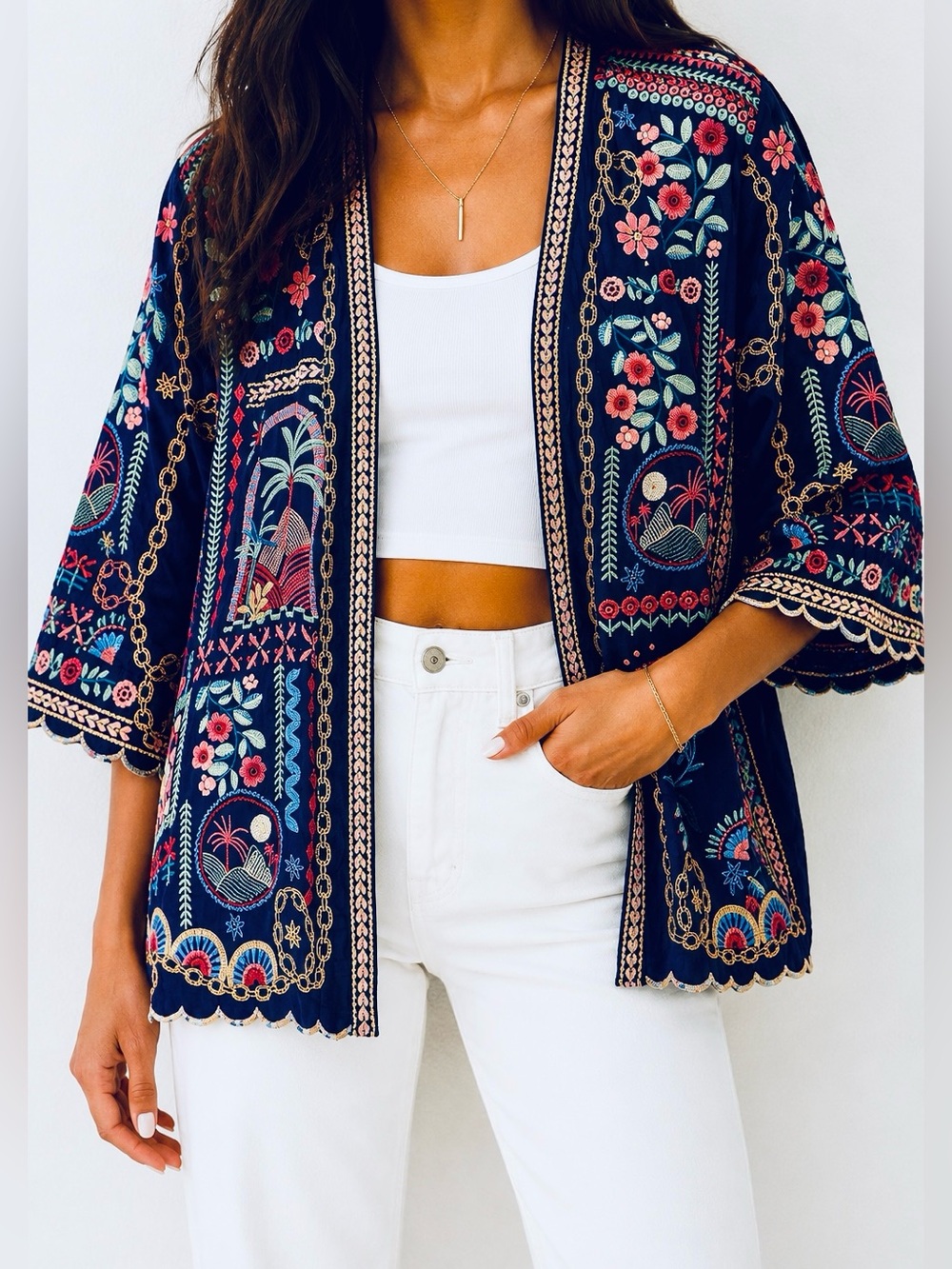 Johnny Was FUJI KIMONO Lima Navy Embroidered Floral Kimono NEW sz Medium
